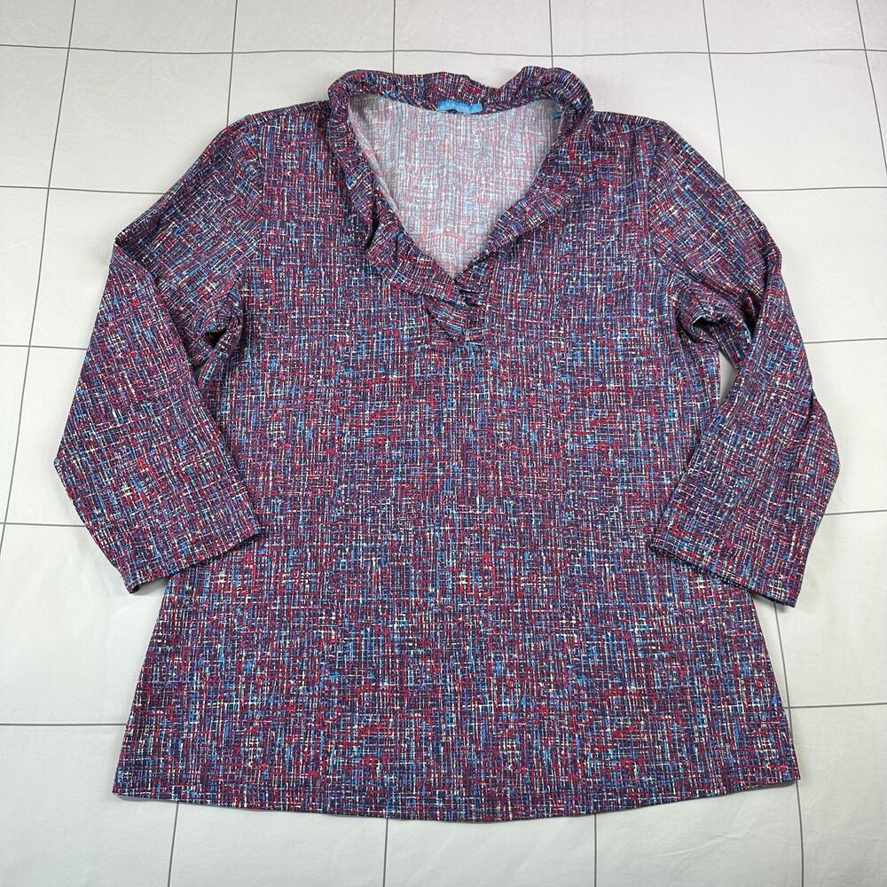 J. McLaughlin Top Womens Large Blue Red Ruffle Geometric Catalina Cloth Resort
